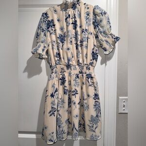 Sugar Lips Blue and White and Blue Tea Time Floral High Neck Button Dress Small